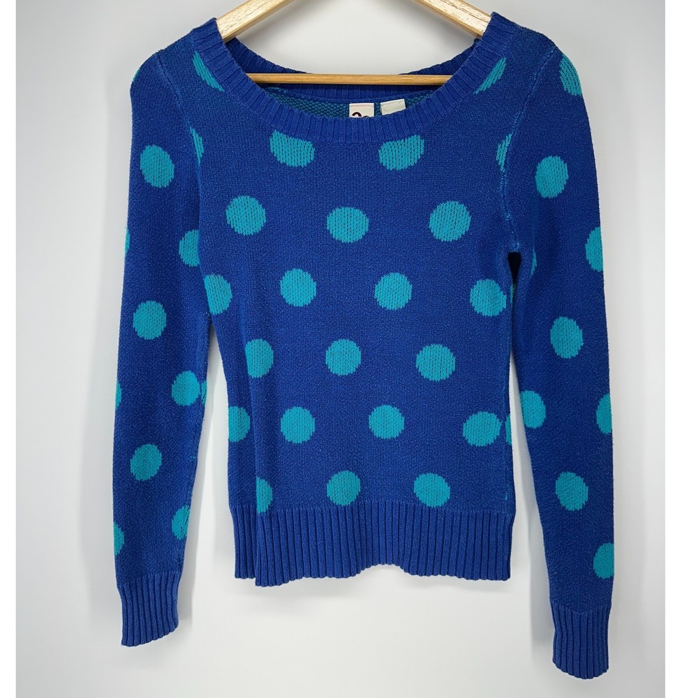 SO Polka Dot Sweater Womens Small Blue Teal Scoop Neck‎ Knit Long Sleeve Retro